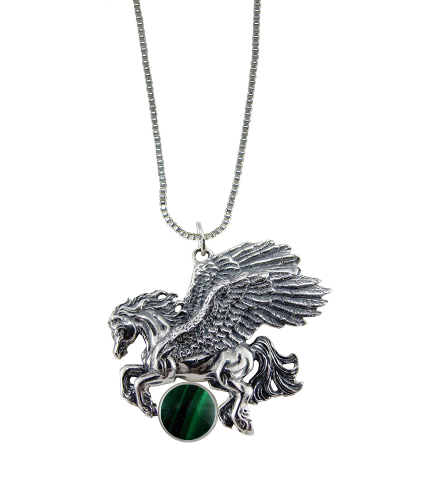 Sterling Silver Detailed Winged Horse Pegasus Pendant With Malachite
